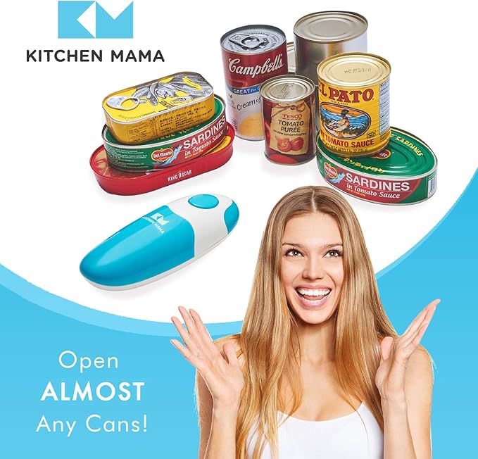 Kitchen Mama Auto Electric Can Opener – Cordless, Battery-Operated, One-Touch with Smooth Edge Lid Removal (Sky Blue)