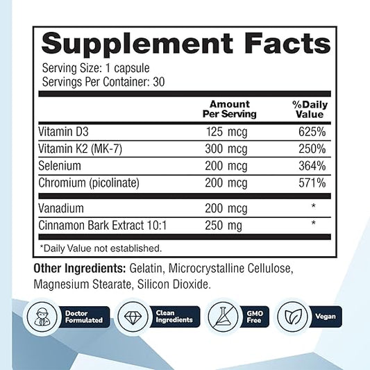 CinnaChroma Cinnamon Supplement – 30 Capsules – 10:1 Extract with Chromium, Vanadium, Selenium, Vitamin D3 & K2 – Natural Blood Sugar Support & Sugar Blocker – 1 Month Supply