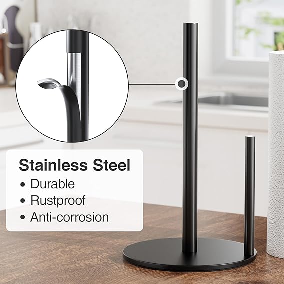 Black Paper Towel Holder – Premium Stainless Steel Kitchen Roll Dispenser with Weighted Base, Countertop Roll Organizer for Easy Tear & Stable Use
