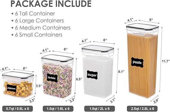Vtopmart 24-Piece Airtight Food Storage Containers Set – BPA-Free Plastic Pantry Canisters with Locking Lids & Labels for Cereal, Flour, Sugar & Dry Goods (Black)