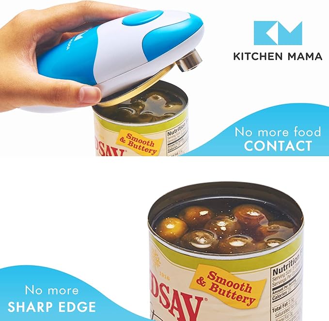 Kitchen Mama Auto Electric Can Opener – Cordless, Battery-Operated, One-Touch with Smooth Edge Lid Removal (Sky Blue)