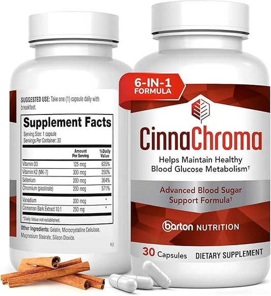 CinnaChroma Cinnamon Supplement – 30 Capsules – 10:1 Extract with Chromium, Vanadium, Selenium, Vitamin D3 & K2 – Natural Blood Sugar Support & Sugar Blocker – 1 Month Supply