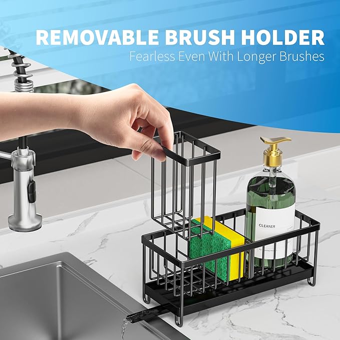 Cisily Black Sponge Holder & Sink Caddy – Stainless Steel 304 Rust‑Resistant Organizer with High Brush Holder, Drip Tray & Soap Dispenser Section