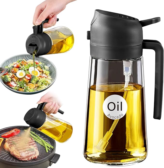 YARRAMATE 16oz/470ml Glass Olive Oil Sprayer – 2-in-1 Spray & Pour Dispenser for Cooking with Portion Control & Labels – BPA-Free Food Grade (Black)