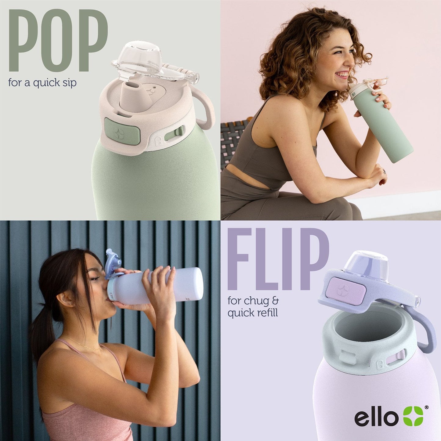 Ello Pop & Fill 22 oz Stainless Steel Water Bottle 2‑Pack – Vacuum Insulated, Leak‑Proof Locking Lid with Quick‑Fill Dual Sip & Chug™ Design