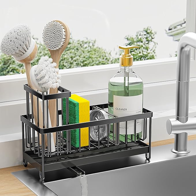 Cisily Black Sponge Holder & Sink Caddy – Stainless Steel 304 Rust‑Resistant Organizer with High Brush Holder, Drip Tray & Soap Dispenser Section