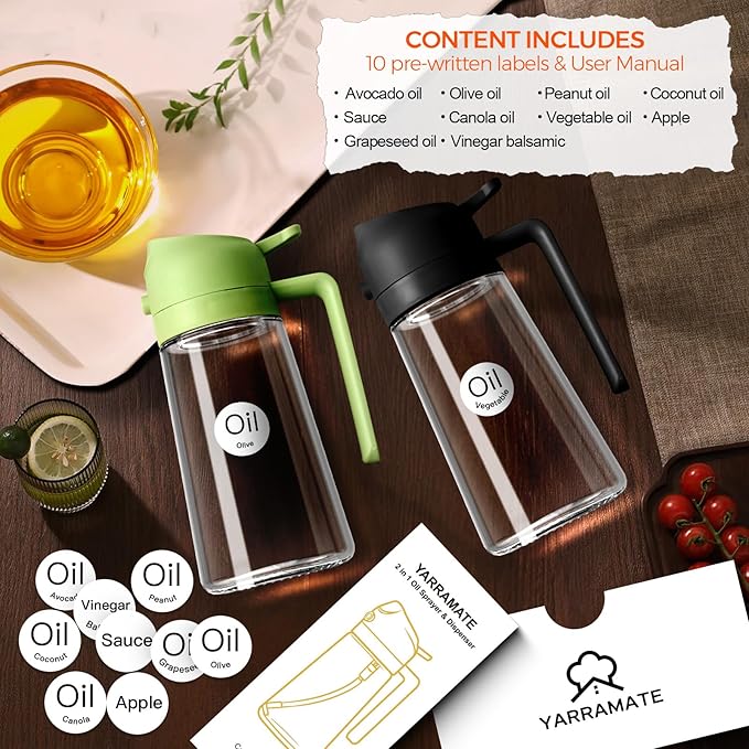 YARRAMATE 16oz/470ml Glass Olive Oil Sprayer – 2-in-1 Spray & Pour Dispenser for Cooking with Portion Control & Labels – BPA-Free Food Grade (Black)
