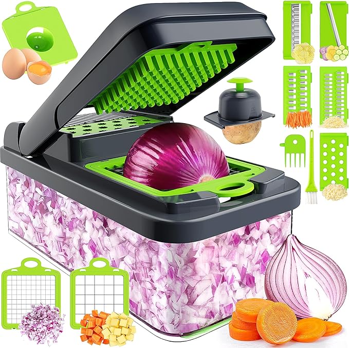 12‑in‑1 Vegetable Chopper & Food Slicer – 7 Stainless‑Steel Blades with Container, Cheese Grater & Hand Guard (Green / Grey)