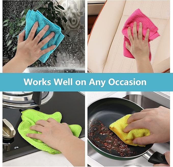 HOMEXCEL Microfiber Cleaning Cloths – 12 Pack, 11.5"x11.5" Cleaning Towels, Reusable Cleaning Rags for Home & Kitchen (Green/Blue/Yellow/Pink)