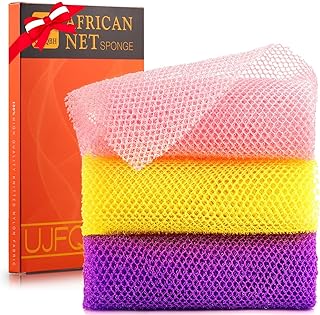UJFQBH 3 Pieces African Bath Sponge African Net Long Net Bath Sponge Exfoliating Shower Body Scrubber Back Scrubber Skin Smoother,Great for Daily Use (Pink,Yellow,Purple)