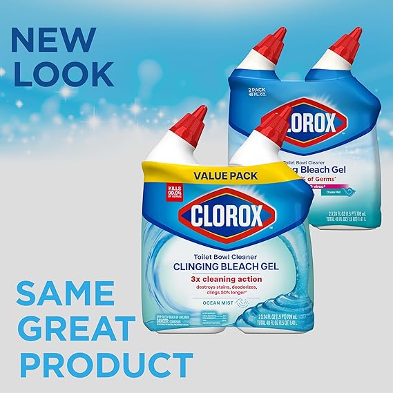 Clorox Toilet Bowl Cleaner Clinging Bleach Gel – Ocean Mist, 24 fl oz Bottles (2-Pack)