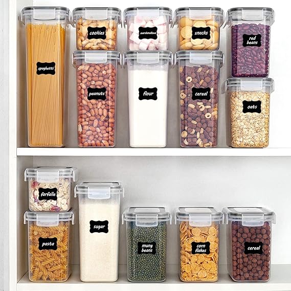 Vtopmart 24-Piece Airtight Food Storage Containers Set – BPA-Free Plastic Pantry Canisters with Locking Lids & Labels for Cereal, Flour, Sugar & Dry Goods (Black)
