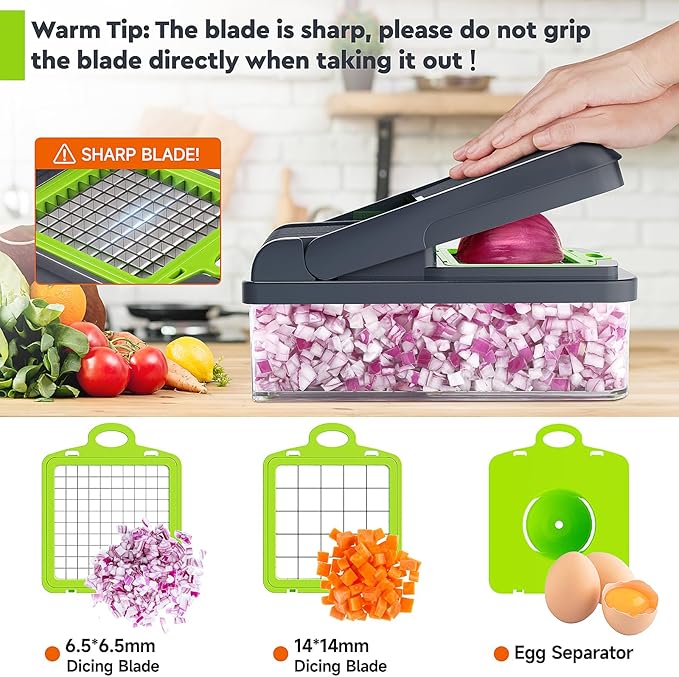 12‑in‑1 Vegetable Chopper & Food Slicer – 7 Stainless‑Steel Blades with Container, Cheese Grater & Hand Guard (Green / Grey)