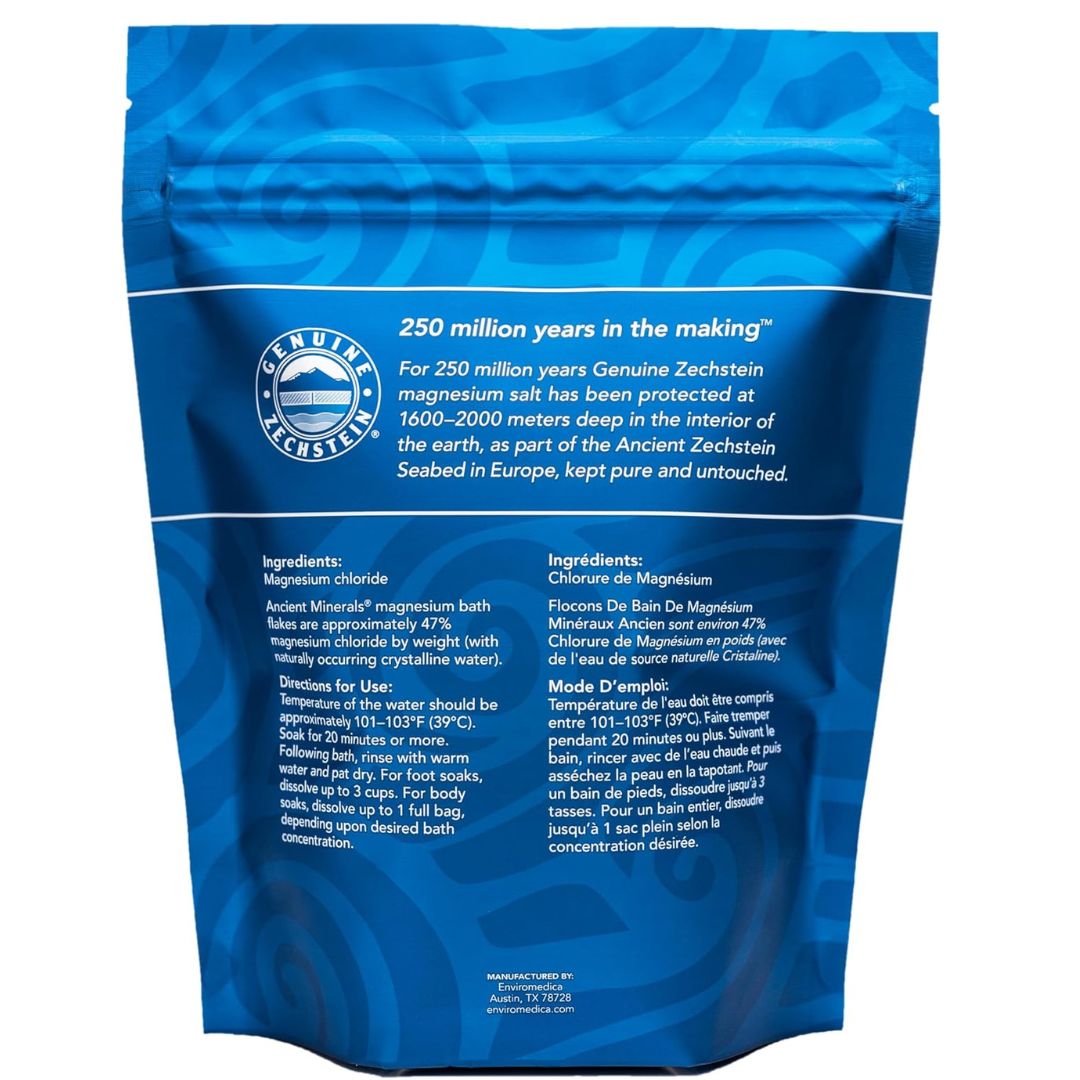 Ancient Minerals Magnesium Bath Flakes of Pure Genuine Zechstein Chloride - Resealable Magnesium Supplement Bag That Will Outperform Leading Epsom Salts 1.65 lbs