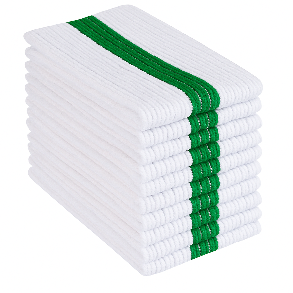 UTowels Premium 24 Pack White with Green Stripe Bar Mop Microfiber Towels for Home, Kitchen, Restaurant Cleaning (White/Green Stripe, 14inx18in)
