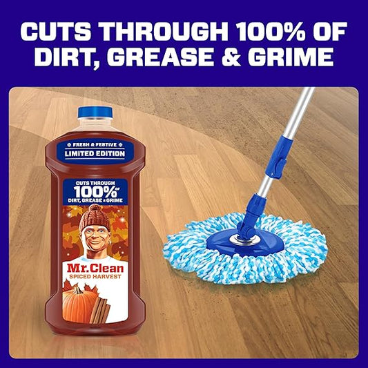 Mr. Clean cleaning product and mop on a wooden floor with text about cleaning power.