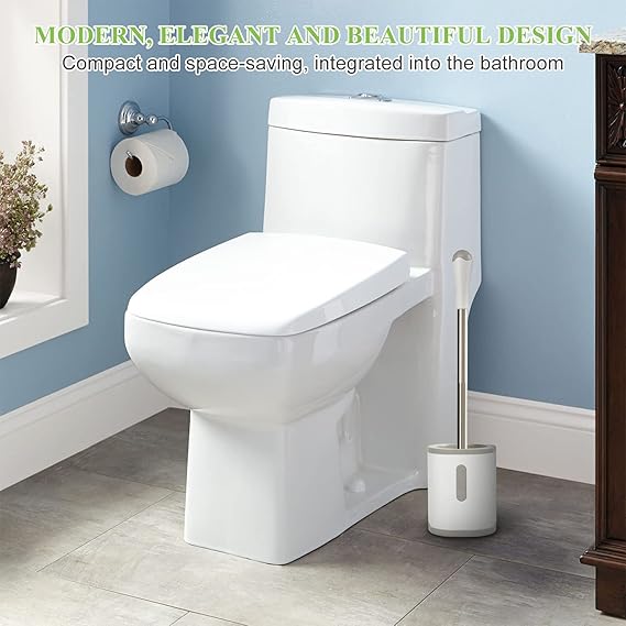Compact Toilet Brush & Holder – Space-Saving Bathroom Cleaning Tool with Stainless Steel Handle, Drip-Proof Storage & Deep Cleaning Nylon Bristles (White & Grey)