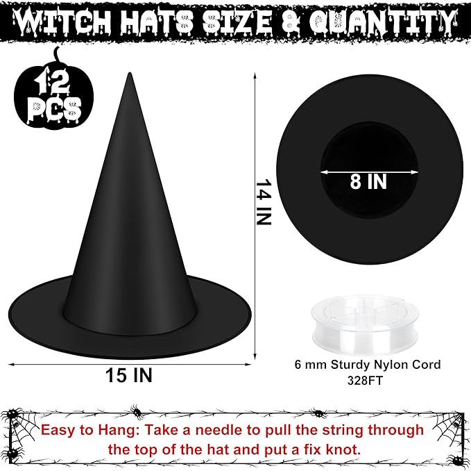 12-Pack Floating Witch Hats – Black Oxford Fabric with 328 ft Nylon Cord | Indoor/Outdoor Halloween Hanging Decor