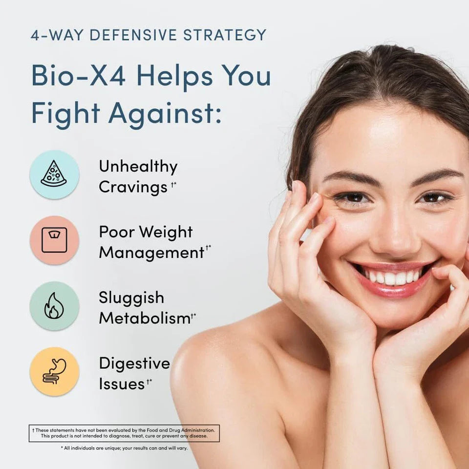 Advertisement for Bio-X4 with a woman's face and text about its benefits on a light background