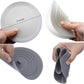 Collage of a gray silicone lid being measured and folded by hands on a white background