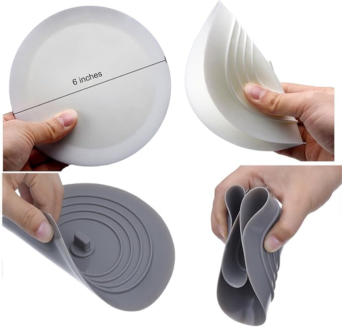 Collage of a gray silicone lid being measured and folded by hands on a white background
