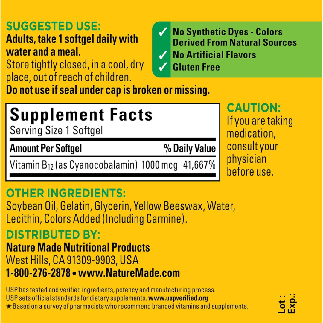 Nature Made Vitamin B12 1000 mcg, Dietary Supplement for Energy Metabolism Support, 150 Softgels, 150 Day Supply
