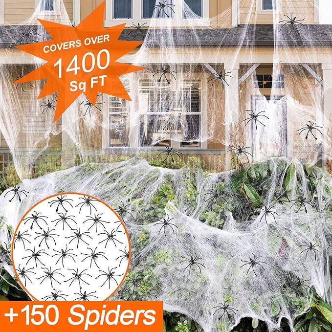 1400 sqft Stretch Spider Webs Decoration + 150 Fake Spiders | Indoor/Outdoor Super Stretch Cobweb Halloween Set