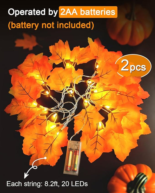 2-Pack Lighted Fall Garland, 16.4 ft (40 LED) Autumn & Thanksgiving String Lights Decor for Porch, Mantel, Friendsgiving Gift