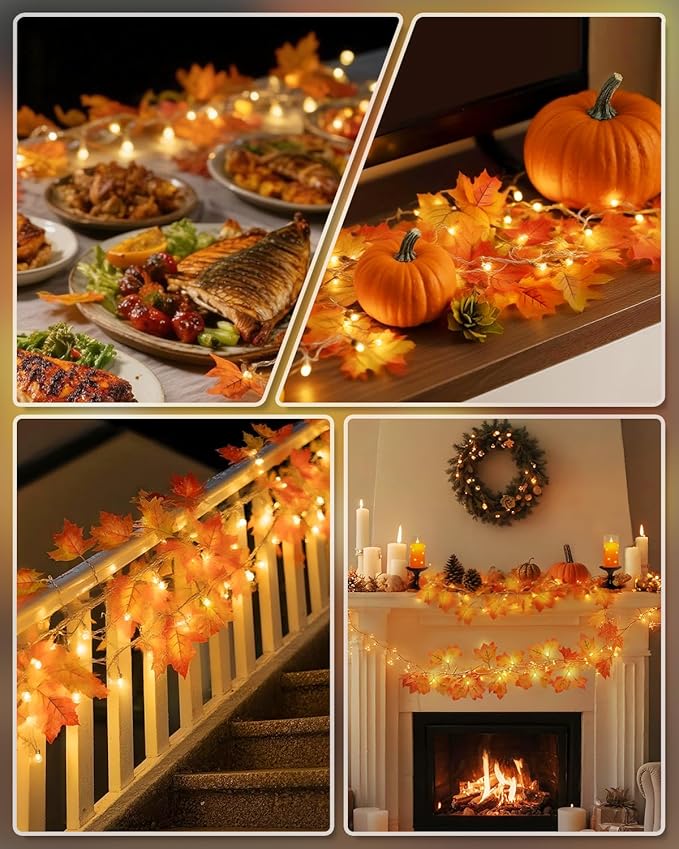 2-Pack Lighted Fall Garland, 16.4 ft (40 LED) Autumn & Thanksgiving String Lights Decor for Porch, Mantel, Friendsgiving Gift