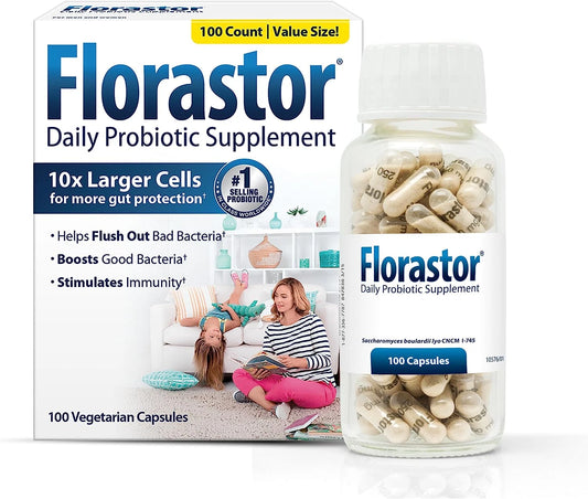 Florastor Probiotics for Digestive and Immune Health, 100 Capsules, Probiotics for Women & Men, Helps Flush Out Bad Bacteria, Boosts The Good with Our Unique Strain Saccharomyces Boulardii