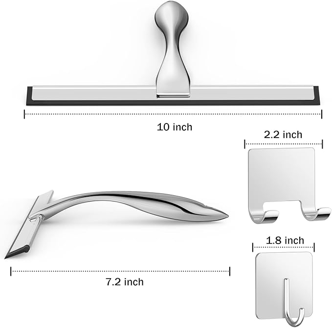 All-Purpose Stainless Steel Shower Squeegee – 10 Inch Bathroom & Window Glass Cleaner with 2 Adhesive Hooks, Silver Mirror & Tile Cleaning Tool for Shower Doors, Car & Household Surfaces