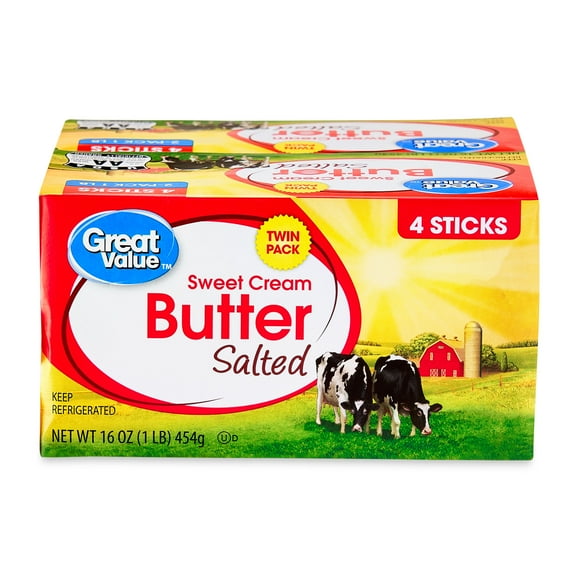 Great Value Sweet Cream Salted Butter Twin Pack, 16 oz Box, 8 Sticks, Slow Churned, Refrigerated