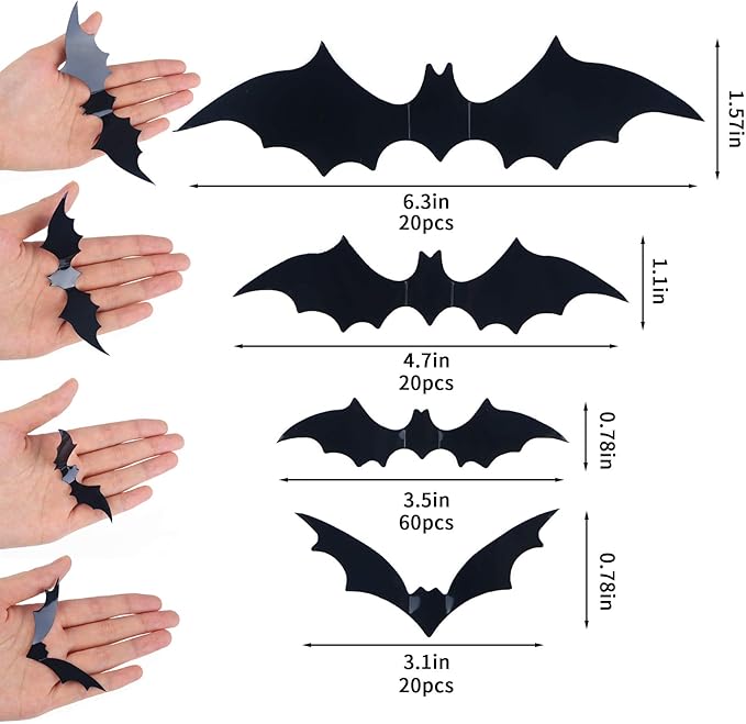 DIYASY 120-Piece 3D Bat Wall Stickers – Waterproof PVC Bat Decals (4 Sizes) for Indoor & Outdoor Halloween Decor
