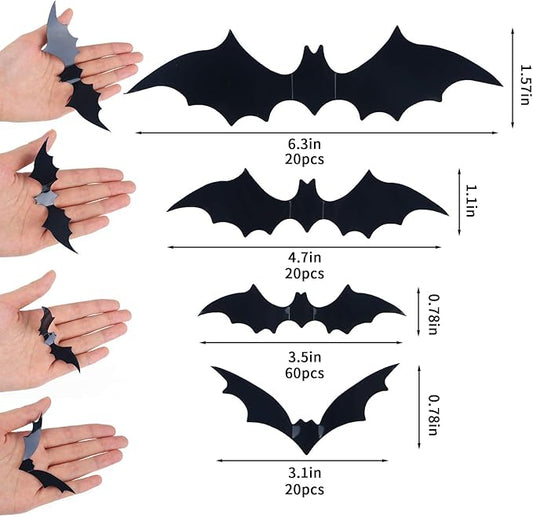 DIYASY 120-Piece 3D Bat Wall Stickers – Waterproof PVC Bat Decals (4 Sizes) for Indoor & Outdoor Halloween Decor