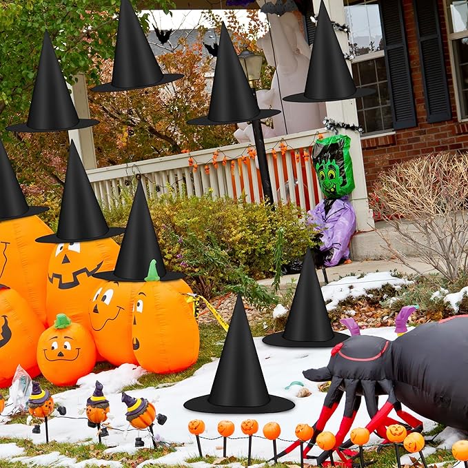 12-Pack Floating Witch Hats – Black Oxford Fabric with 328 ft Nylon Cord | Indoor/Outdoor Halloween Hanging Decor
