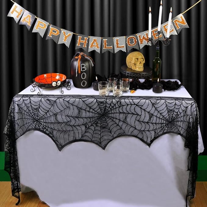 AerWo Halloween Fireplace Mantle Scarf – Black Lace Spiderweb, 18″ × 96″ | Gothic Chic Halloween Decor