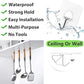 Product advertisement with text highlighting features like waterproof, strong hold, easy installation, multi-purpose, no tools required, and suitability for ceiling or wall mounting.