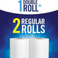 Two rolls of paper towels with text indicating one double roll equals two regular rolls on a blue background.