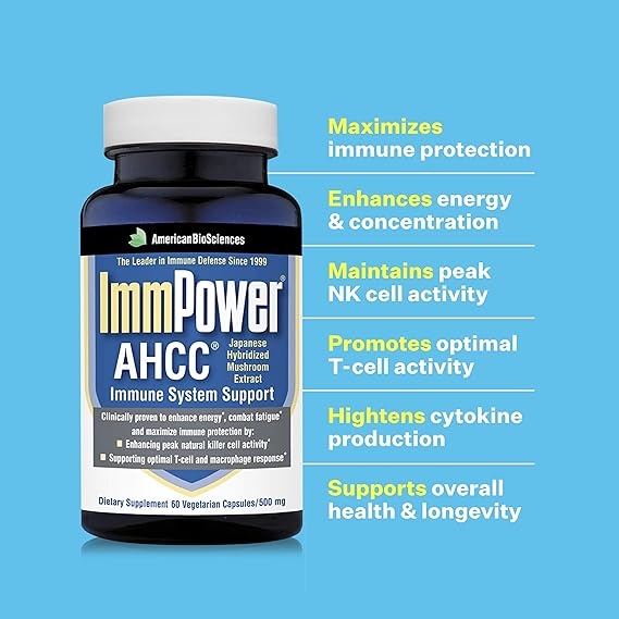ImmPower AHCC supplement bottle with text on a blue background
