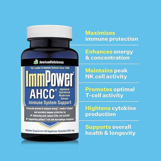 ImmPower AHCC supplement bottle with text on a blue background