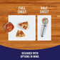 Two sheets of paper with pizza slices and a pizza cutter on a wooden surface.