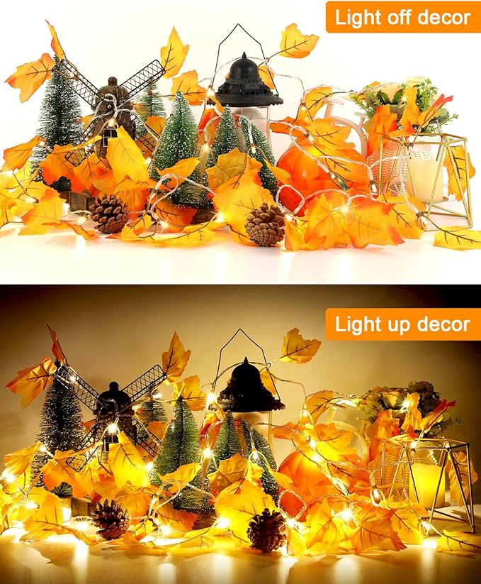 2-Pack Lighted Fall Garland, 16.4 ft (40 LED) Autumn & Thanksgiving String Lights Decor for Porch, Mantel, Friendsgiving Gift