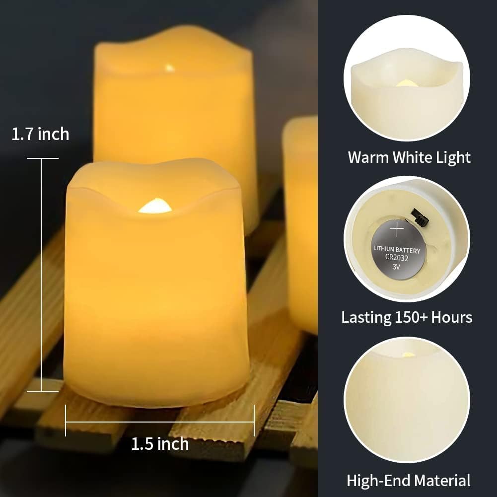 SHYMERY Flameless Votive Candles 24-Pack – 200+ Hr Warm White LED Tea Lights, 1.5″×1.7″ | Safe Flicker Ambient Light for Halloween, Weddings & Tablescapes