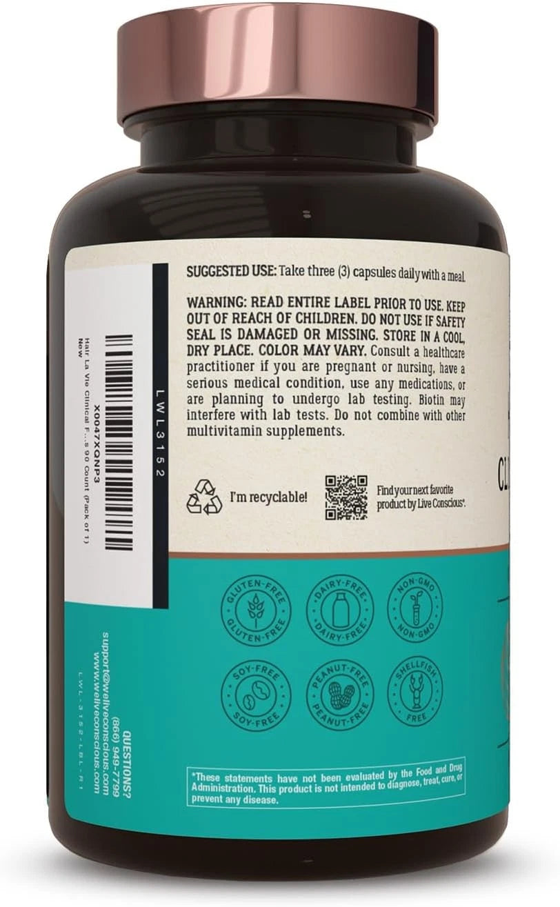Hair La Vie Live Conscious Clinical Formula – 90‑Count Hair Growth Vitamins (Biotin, Saw Palmetto, Collagen)