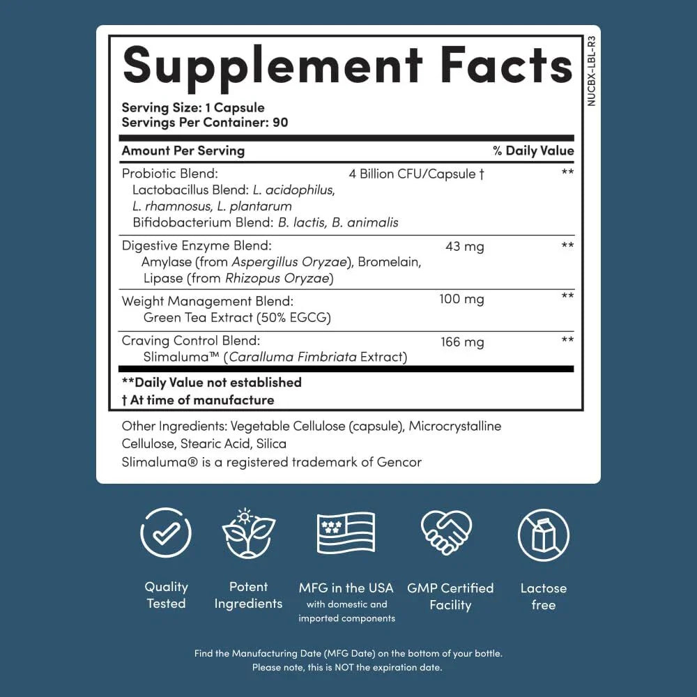 Supplement facts label with detailed ingredient information on a blue background