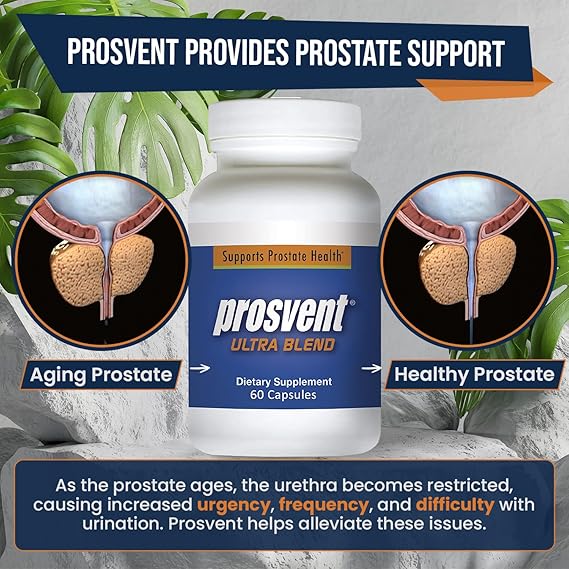Proventus Ultra Blend supplement bottle with illustrations of an aging and healthy prostate on a natural background.