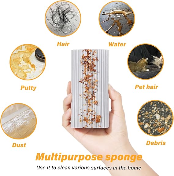 Hand holding a multipurpose sponge with cleaning scenarios depicted around it.