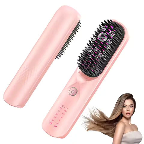 Portable Cordless Hair Straightener Brush -10,000mAh Hair Straightening Brush for Travel 300M Negative Ions Frizz-Free Shine