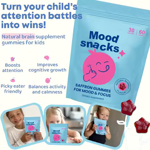 Mood Snacks - Kids Saffron Gummies, Natural Berries Supplements Offer Mood Support and Calms Temper Tantrums, Sugar Free Gummies