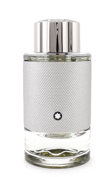 Clear perfume bottle with silver cap and textured white label on a white background